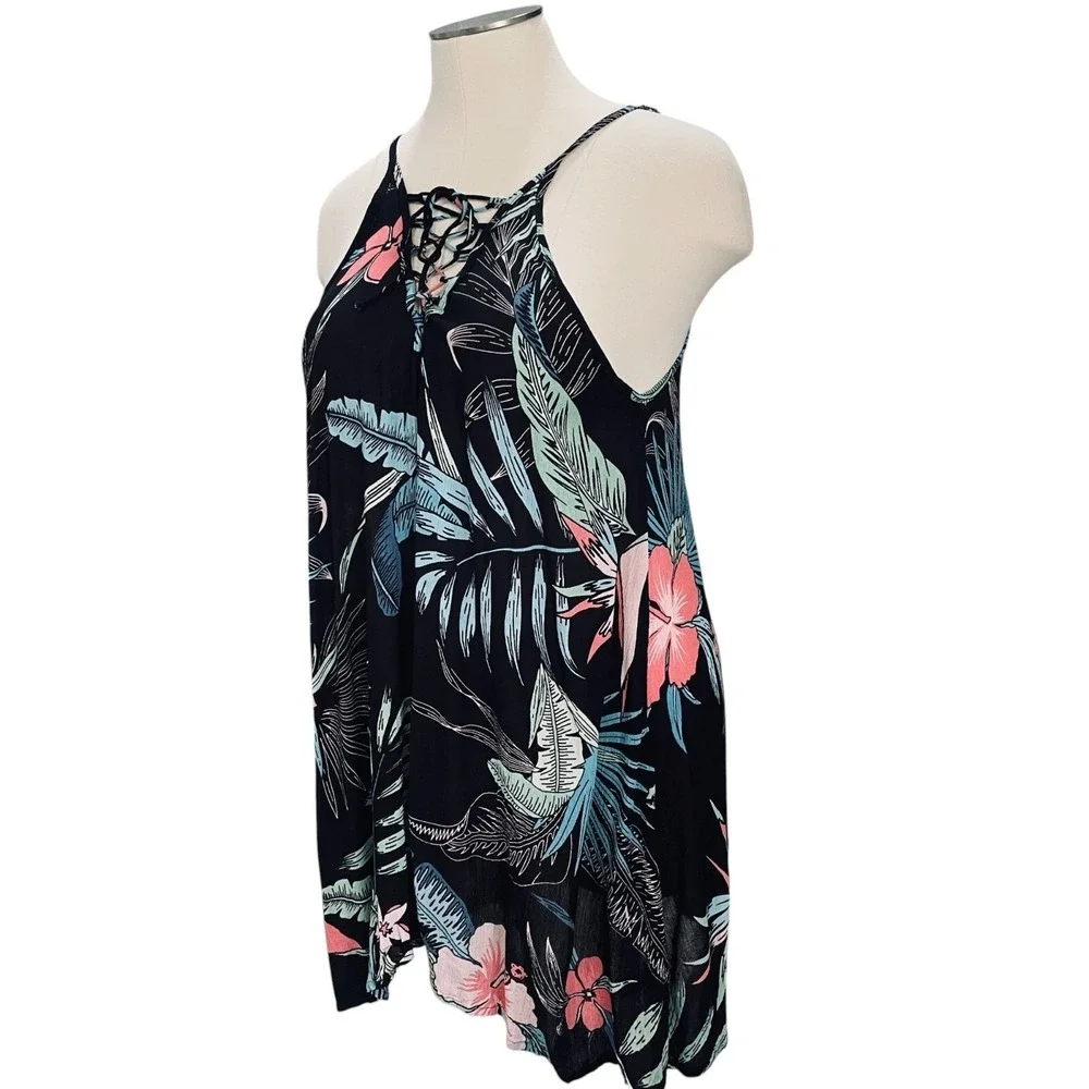 Lagaci XL Tropical Floral Lace-Up Sundress Beach Cover-Up‎ Black Pink Blue Pool